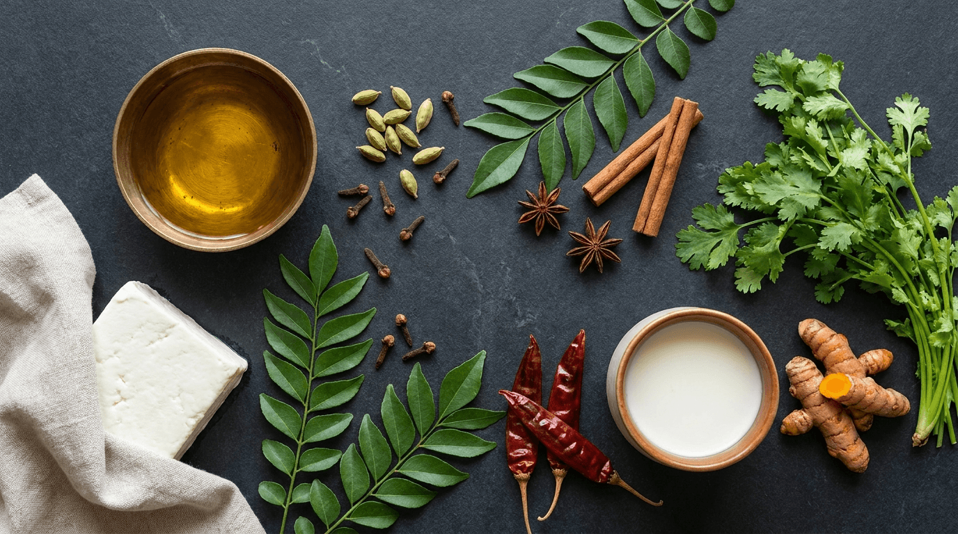 Raw Indian cooking ingredients — mustard oil, paneer, whole spices, turmeric, fresh herbs