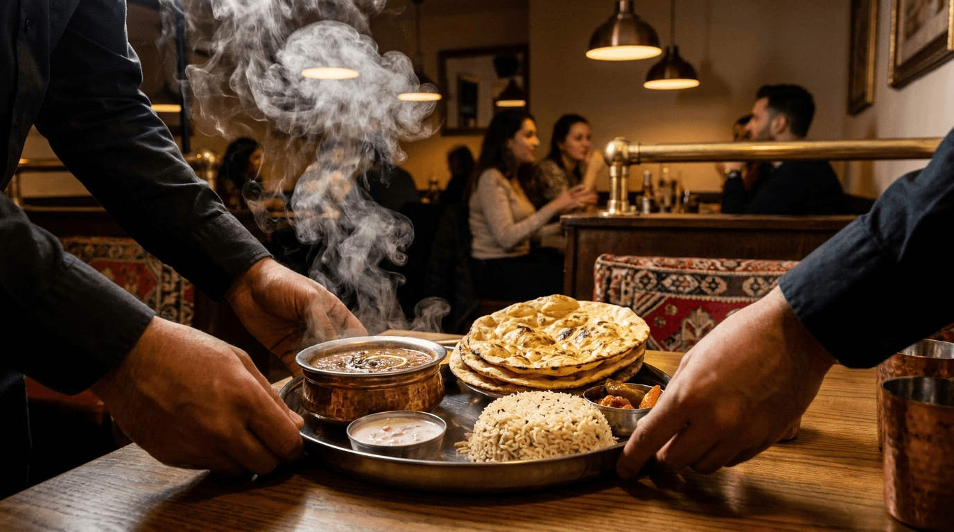 A steaming thali being placed on the table — perfectly timed, nothing waited