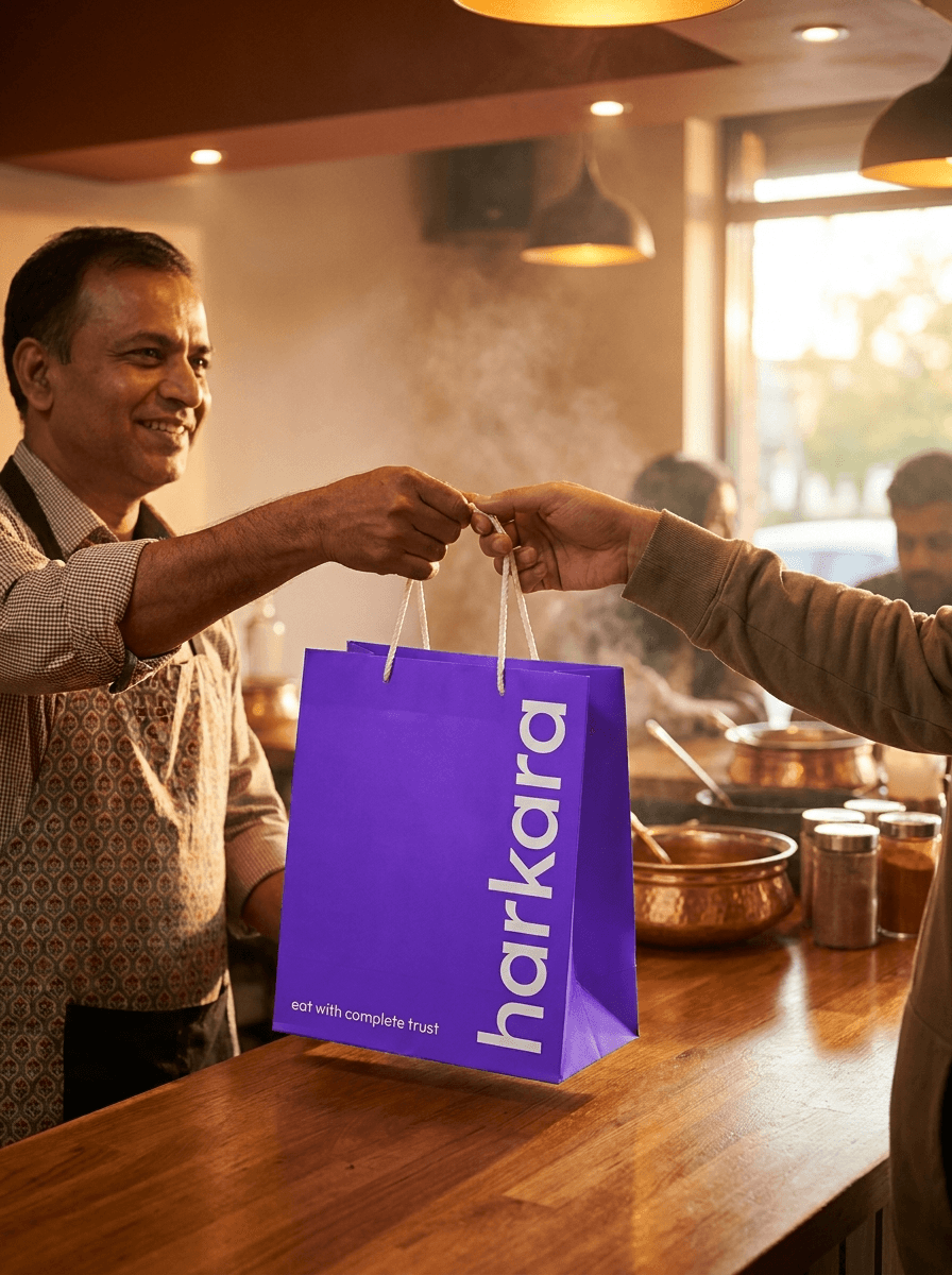 A Harkara bag handed hot over the counter — no wait, no fees